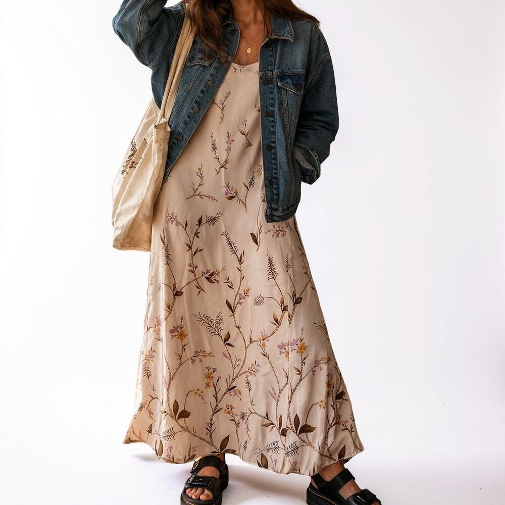 Vintage Silk Floral Midi Dress Beige Tan Sleeveless Back Slit Size 12